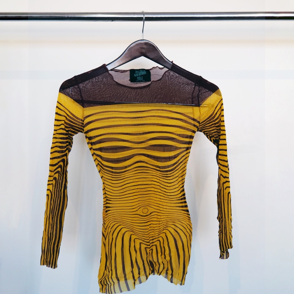 Jean Paul Gaultier Yellow & Ox Blood Optical Contour Mesh Long Sleeve Top